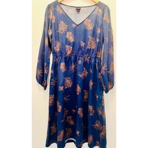 Patagonia Women's Blue Floral Midi Dress Long Sleeve V-Neck Size S